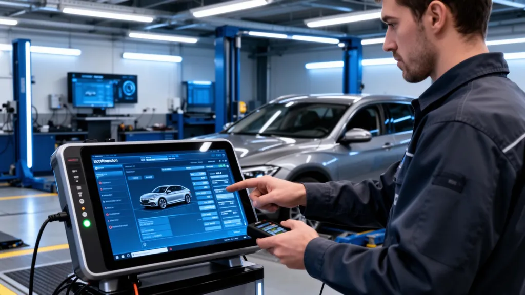 Mechanic using a diagnostic tablet to scan a car in a workshop