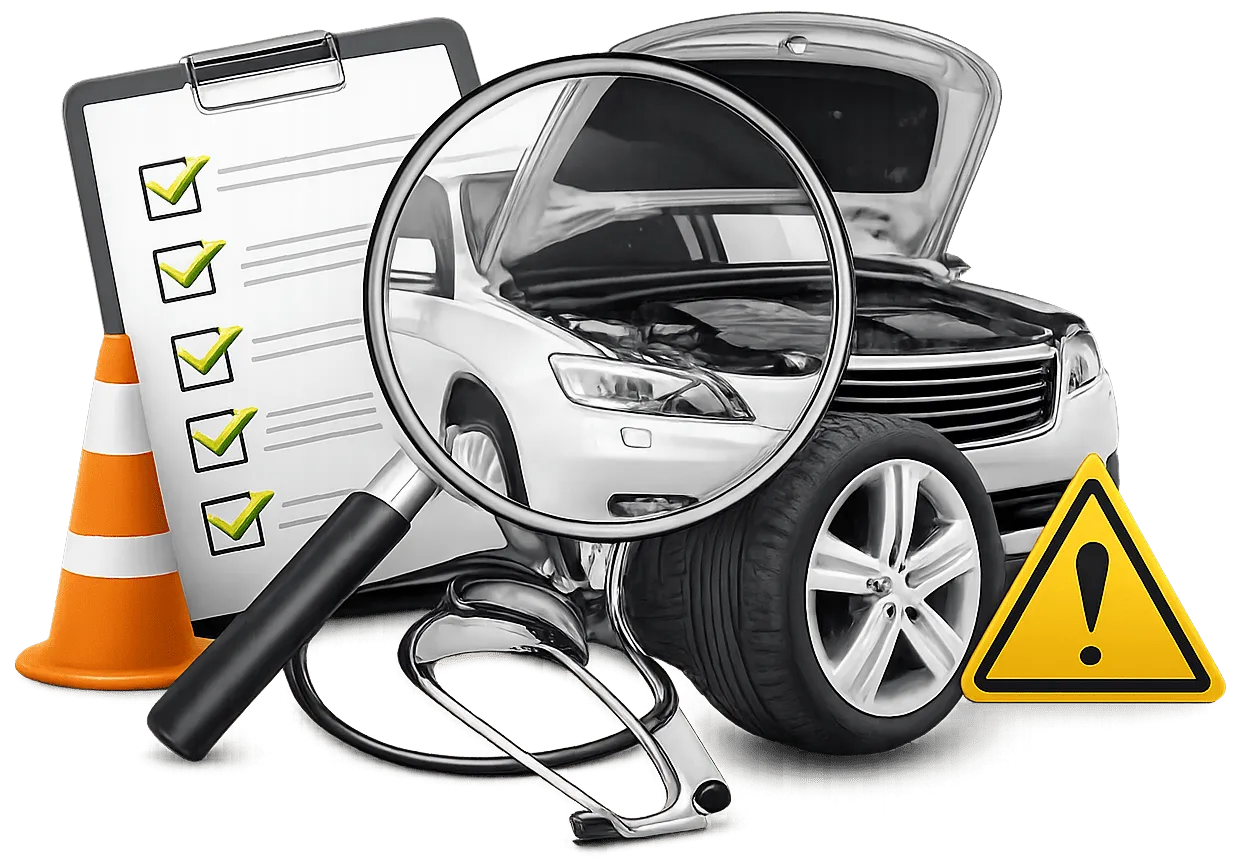 Illustration of a pre-purchase car inspection: a checklist, a magnifying glass over a car, a tyre and a warning sign