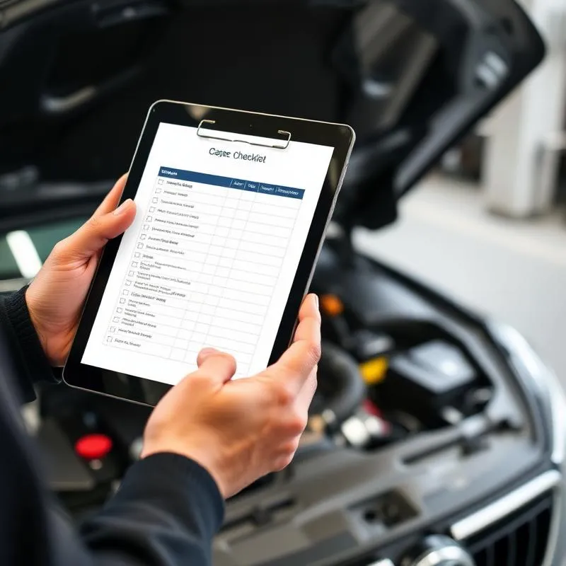 Inspector holding a tablet with a car inspection checklist over an open engine bay