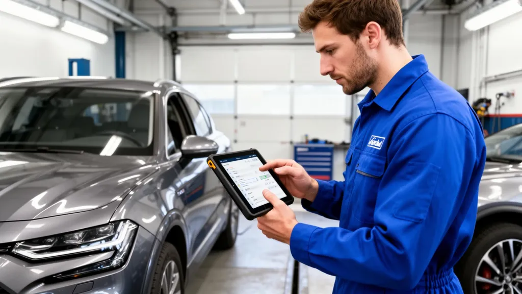 Mechanic in blue overalls checking a tablet beside a grey SUV in a workshop