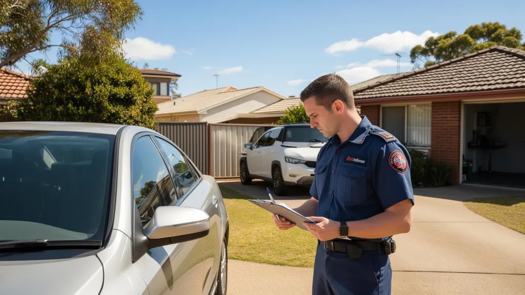 Mobile car inspector with a tablet beside a used car parked at a house