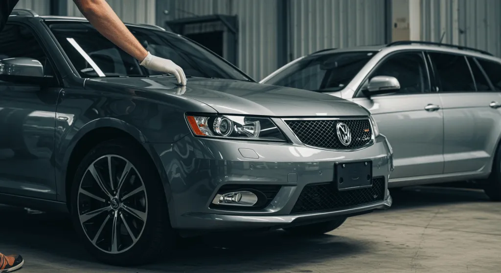 Gloved hand checking the bonnet of a grey used car in a car yard