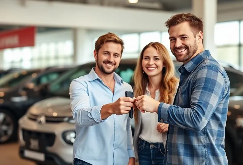 Smiling couple and a man holding up a car key in a car yard