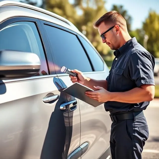 Inspector with a clipboard checking the side of a silver SUV