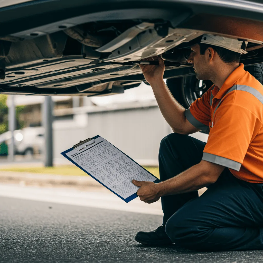 Inspector in hi-vis kneeling with a clipboard to check under a car