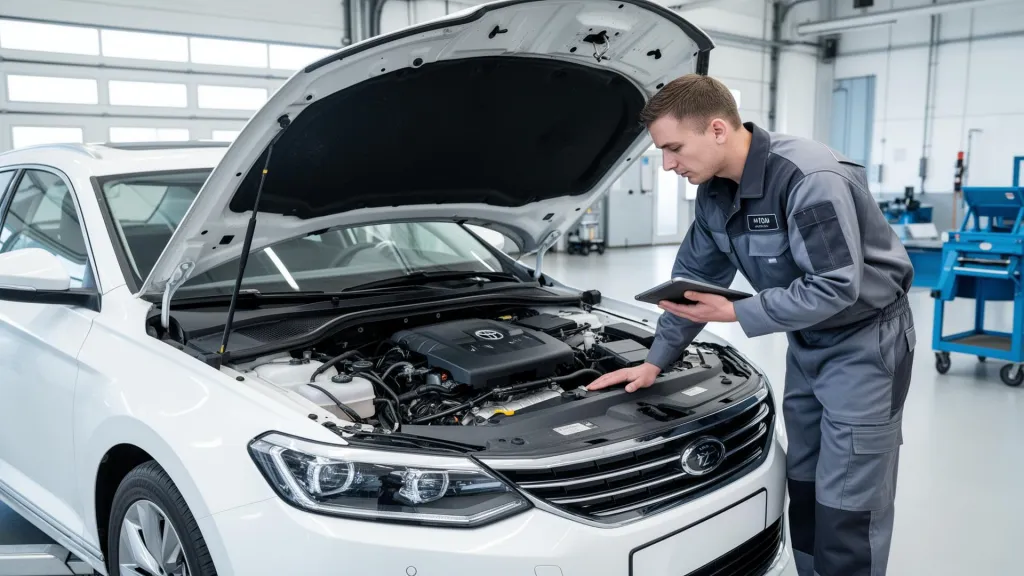 Mechanic checking the engine of a white car in a workshop