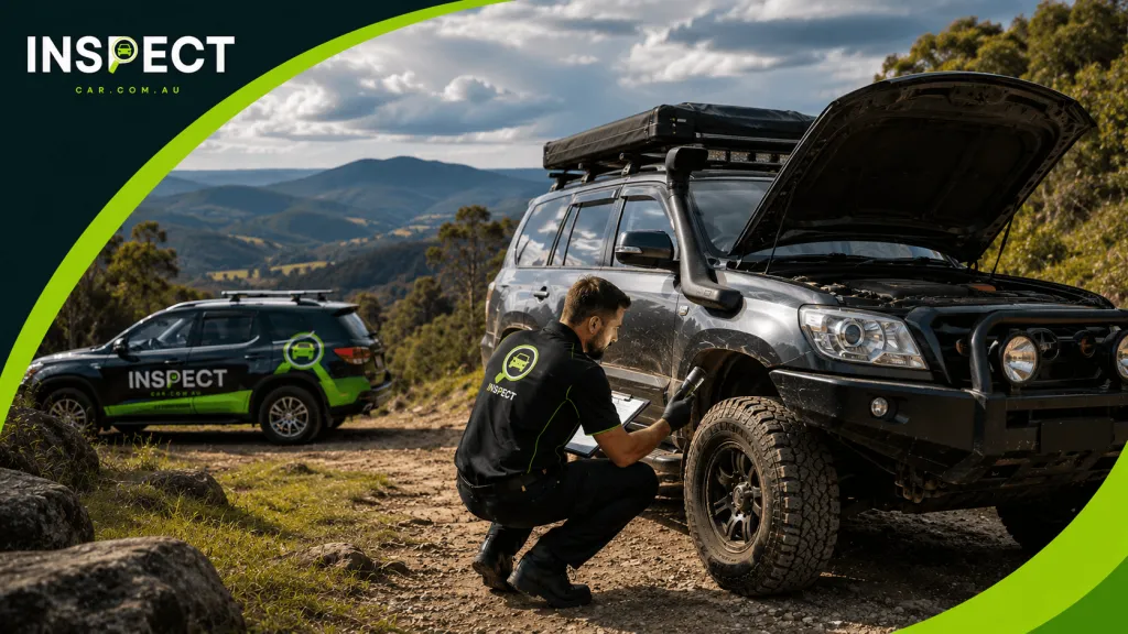 4WD pre-purchase inspection: an InspectCar inspector checking a 4WD's wheel on a dirt track